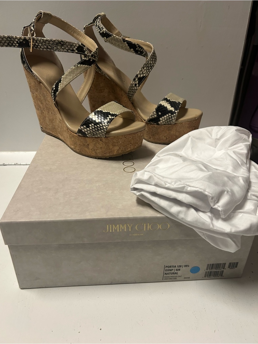Jimmy Choo Portia 120 Snakeskin-Print Cork Wedge Sandals in Beige and Black